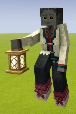 A player wearing the reindeer herder set and holding a lantern