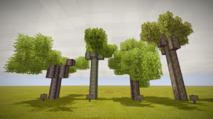 4 Bäume in einer Reihe auf einem flachen grasigen Untergrund