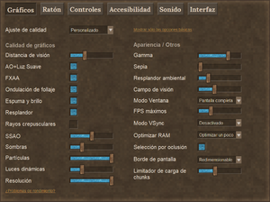 Se selecciona la primera pestaña de varias en la parte superior, que muestra una variedad de opciones para los gráficos del juego.