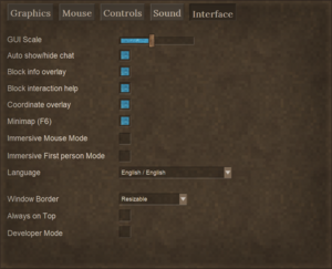 the sixth tab of several at the top is selected, displaying a few options for the game's interface