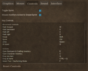 the third tab of several at the top is selected, displaying a list of the keys bound to various game actions