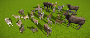 Roughly two dozen creatures stand in a cluster, various species of deer including moose and reindeer. The background is flat grass.