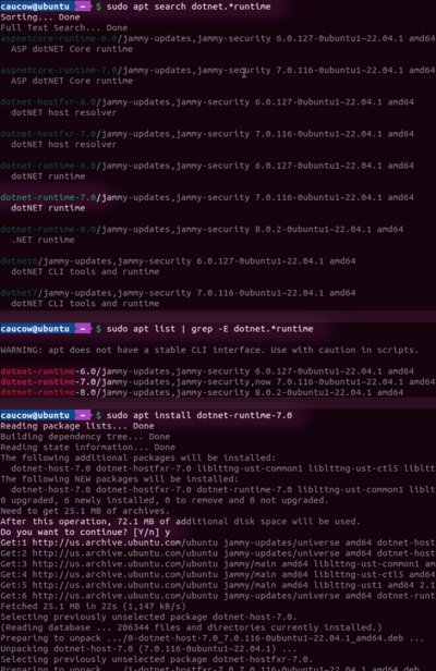 A screenshot of a terminal searching for and installing .NET 7.